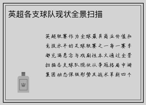 英超各支球队现状全景扫描