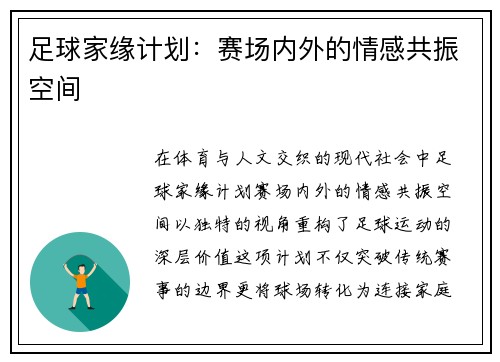 足球家缘计划：赛场内外的情感共振空间
